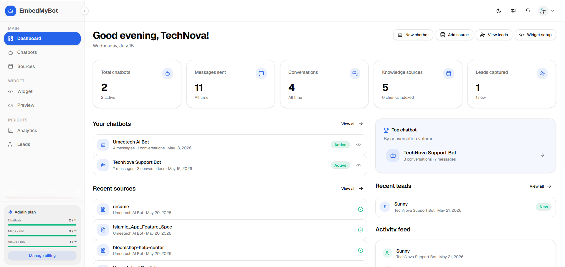 The EmbedMyBot dashboard — chatbots, knowledge sources, conversations, and leads in one workspace