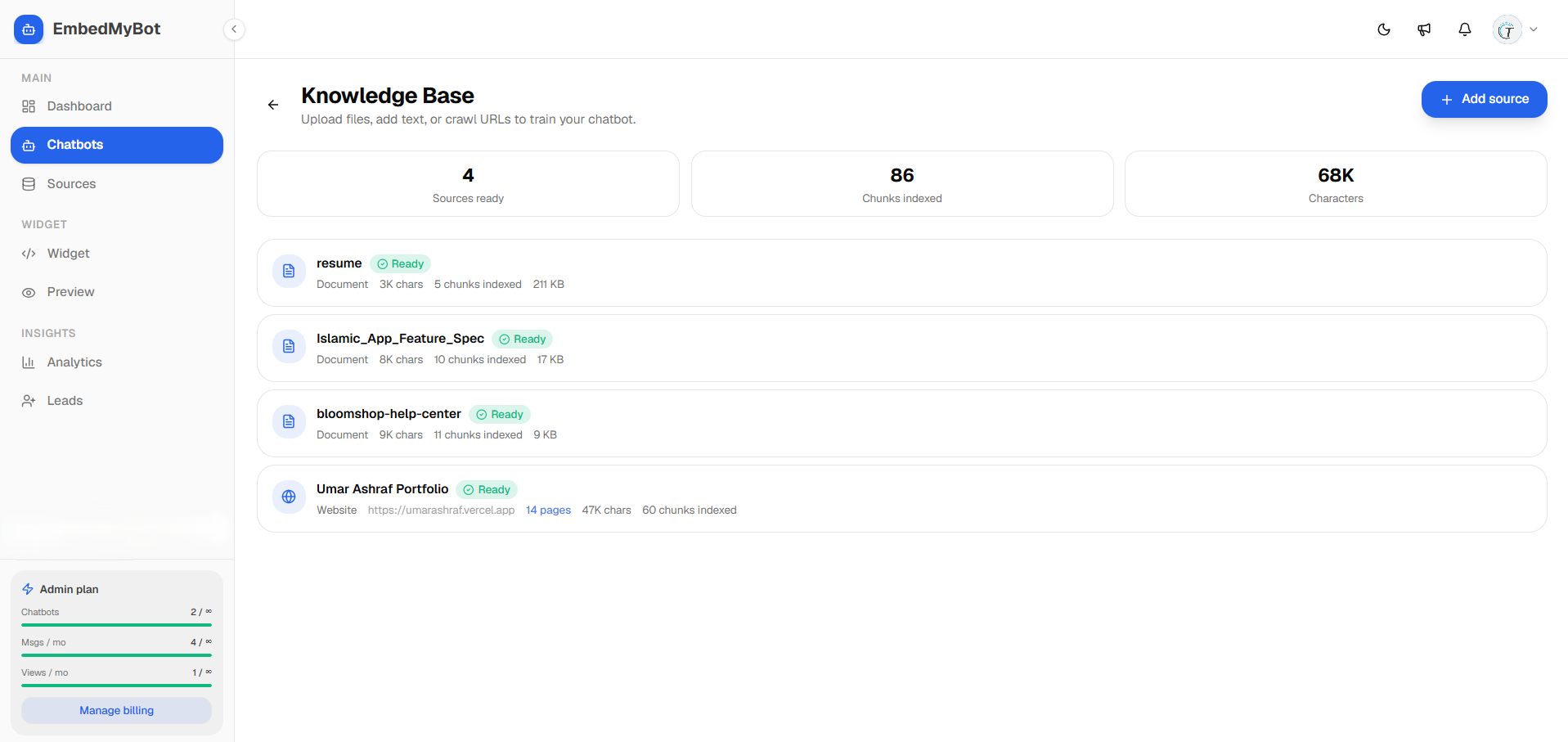 EmbedMyBot knowledge sources — connected documents and website pages with indexing status